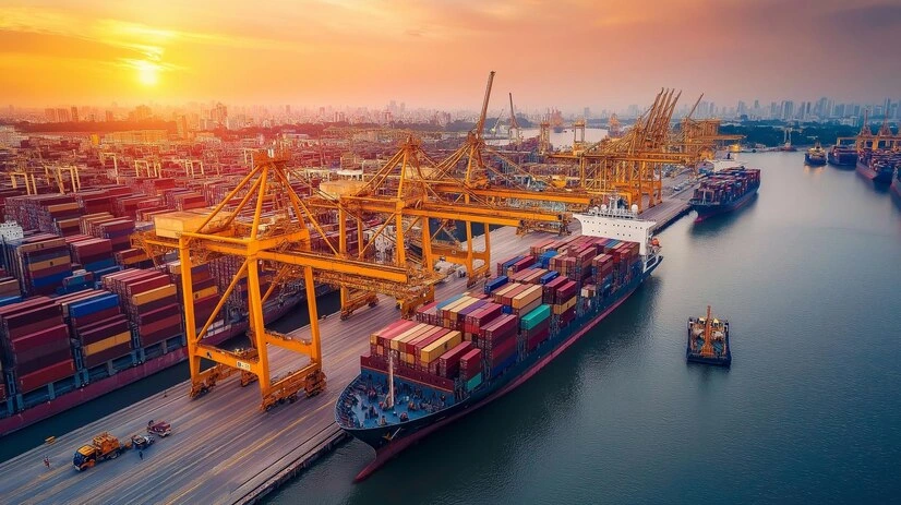 cargo ship docked at port at sunset